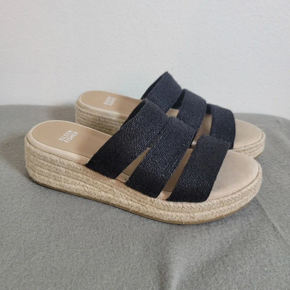 Eileen Fisher Mayla Black Jute Espadrille Platform Sandals Beach Coastal 8 EUC